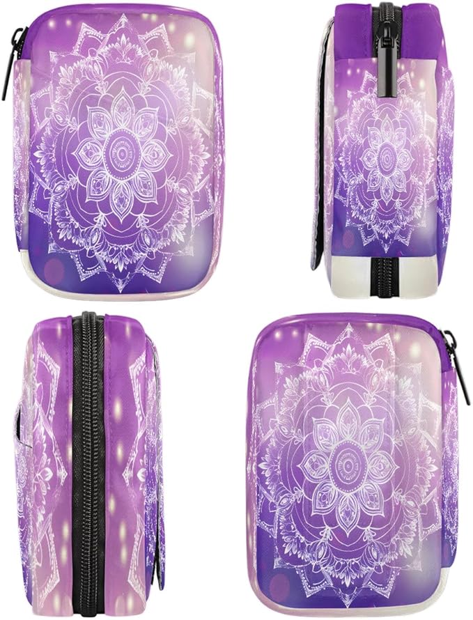 Purple Mandala Flower Abstract Travel Pill Organizer Box Weekly Portable Pill Case Daily Pills 7 Day Small Birth Control Pills Container Removable Compartments for Medicine Vitamins Fish Oil