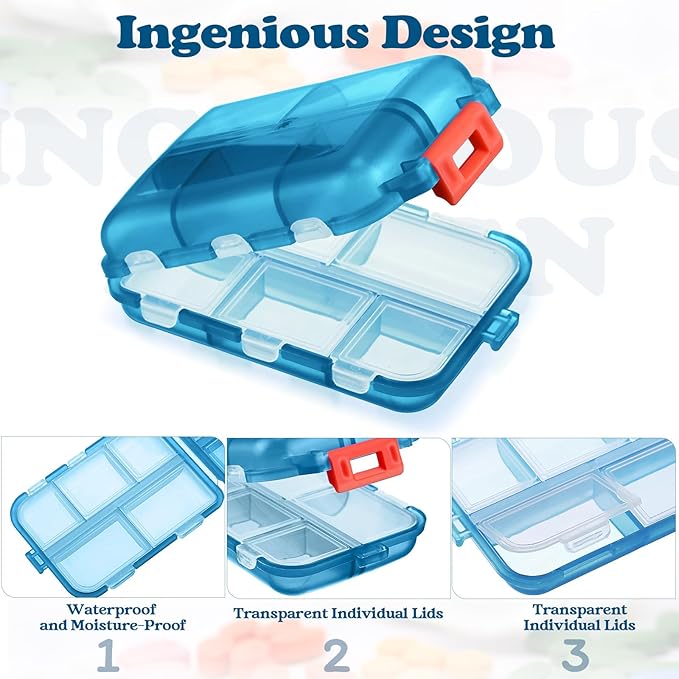 Meekoo 8 Pcs Travel Pill Organizer Pocket Portable Pill Case Daily Container Small Container Medicine Travel with 10 Compartments for Purse Fish Oil Medicine(Sky Blue)