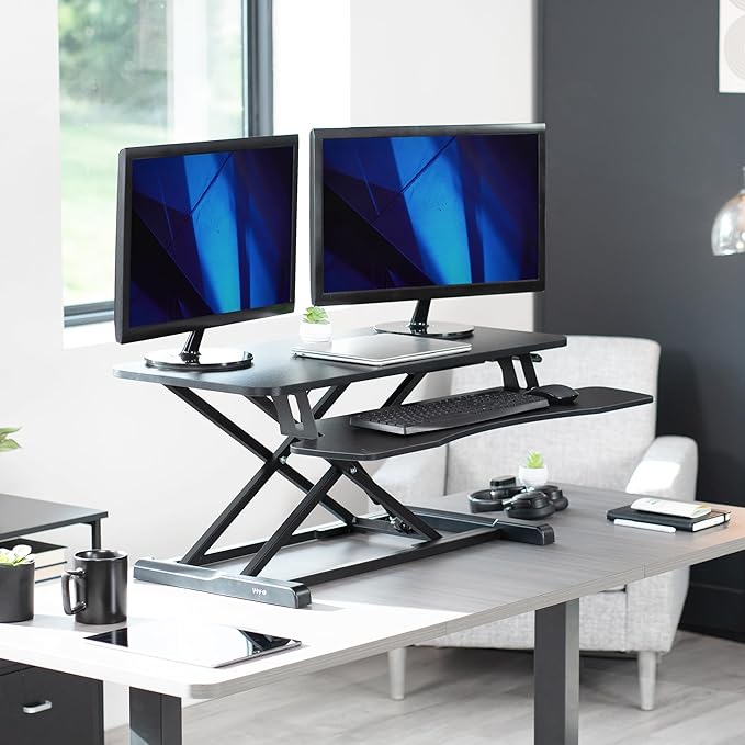 VIVO 36 inch Desk Converter, K Series, Height Adjustable Sit to Stand Riser, Dual Monitor and Laptop Workstation with Wide Keyboard Tray, Black, DESK-V036KB