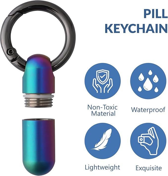 TISKY Small Keychain Pill Holder Titanium,Waterproof Tiny Pill Container with Keyring,Mini Portable Pill Case for Travel,Pill Organizer for Purse Pocket(Multicolor)