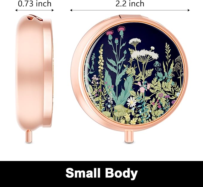 Rouidr Pill Box, 3 Compartment Medicine Pill Case, Small Metal Travel Medicine Box for Purse & Pocket, Rose Gold, Dandelion