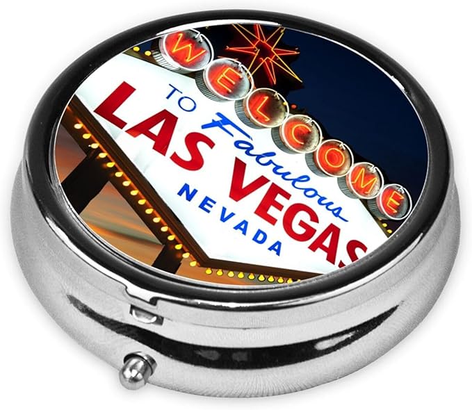 Pill Box,Welcome to The Las Vegas Sign Round 3 Compartment Pill Box Pocket Purse Decorative Box Portable Mini Travel Medicine Case Tablet Vitamin Holder Organizer Pill Case