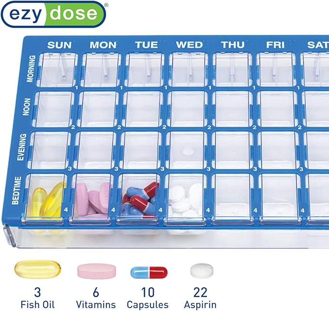 EZY DOSE Weekly (7-Day) Pill Organizer, Vitamin and Medicine Box, Medium Compartments with Easy Fill Tray, 4 Times a Day, Clear Lids, Color May Vary, BPA Free