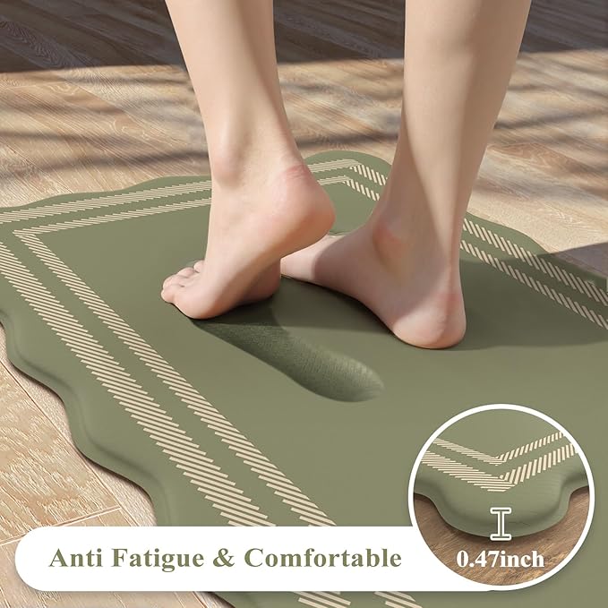 KIMODE Anti Fatigue Mats for Kitchen Floor 17"x47"+17"x29", Farmhouse Kitchen Rugs Sets of 2, Cushioned Kitchen Floor Mat Non Skid, Memory Foam Kitchen Mat for Laundry Office Sink Desk Olive Green
