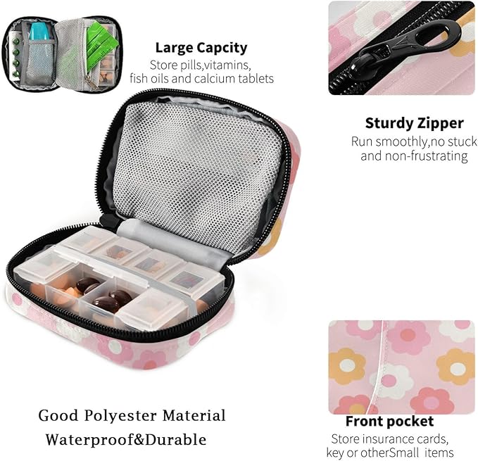 Fustylead 70s Groovy Retro Style Colorful Daisy Flower Travel Pill Organizer Case Zipper for Purse with Removable Weekly Pill Box for Medicine, Vitamin, Supplement Medicine Organizer