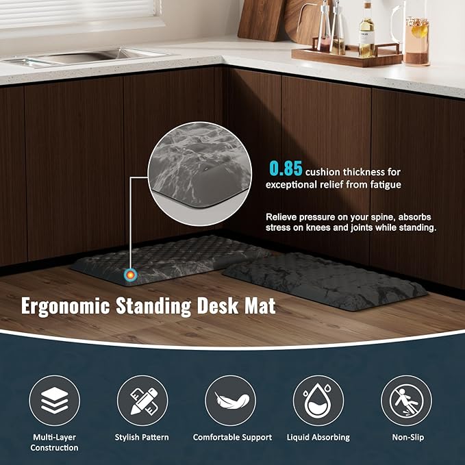 5/6 Inch Thick Water Absorbing Comfort Mat, Anti-Fatigue Floor Mat, Standing Desk Mat, for Kitchen Home Ofiice & Bathroom - Durable Foam, Cushioned Non-Slip (19" x 32", Black Marble Pattern)