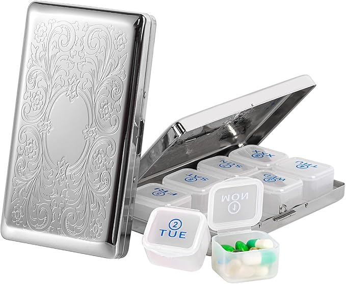 Pill Organizer 7 Days 8 Compartments, Travel Metal Pill Box, BPA-Free Portable Pill Box (Pattern Silver, Large)