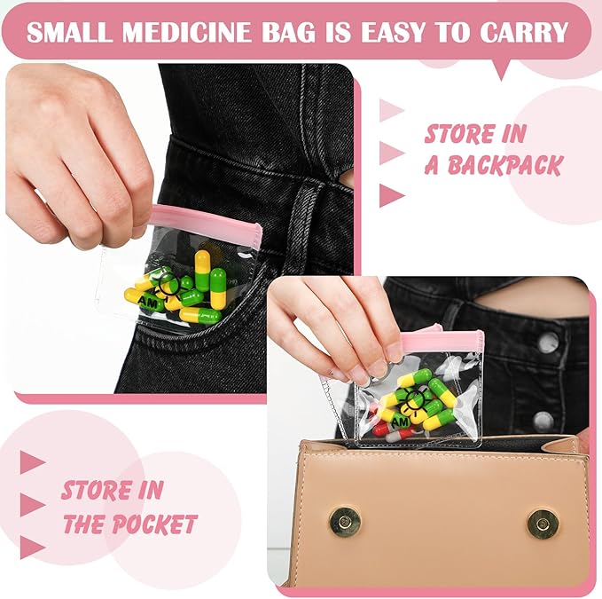 Colarr 14 Pcs AM PM Pill Pouches Bags Reusable Zippered Day and Night Pill Organizer with Slide Lock for Travel Medicine Case, 1 Large 14 Small(Pink)