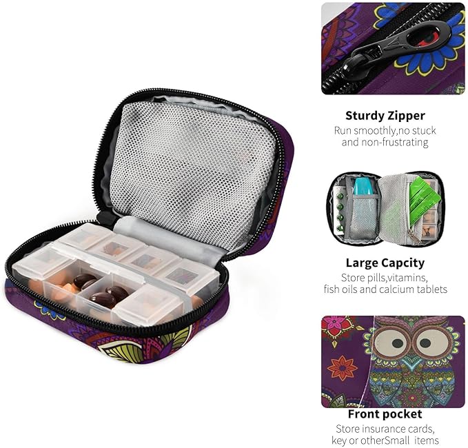 Ollabaky Mandala Floral Owl Pill Organizer Travel Pill Cases Bag Portable Pill Container 7 Days Pill Box Organizer Vitamin Supplement Holder with Zipper for Family Business