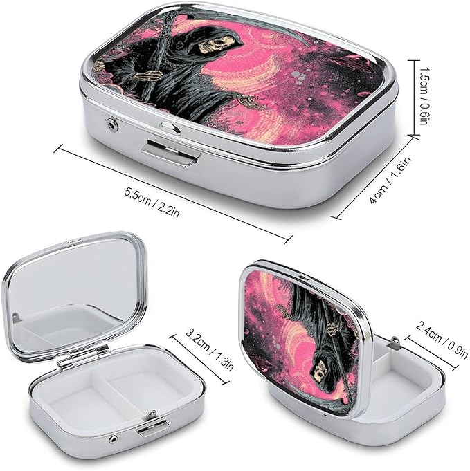 Metal Pill Organizer – 2-Compartment Pocket Pill Box for Vitamins, Supplements, Medications – Compact Travel Case (Grim Reaper in Cosmic Pink)