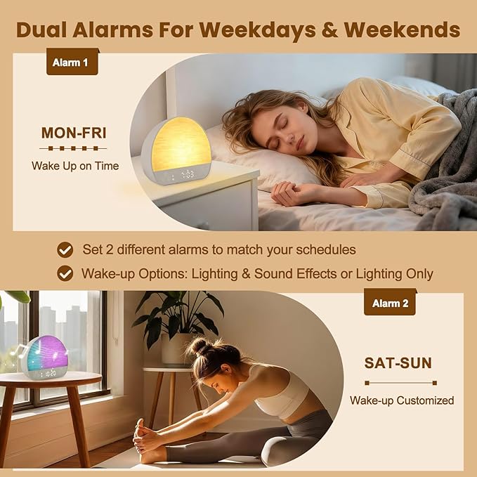 Sunrise Alarm Clock Wake Up Light for Heavy Sleeper, White Noise Sound Machine 37 Sounds, Bluetooth Speaker, Tap Snooze, Remote Control, USB Port, 15 Color Dimmable NightLight for Bedroom