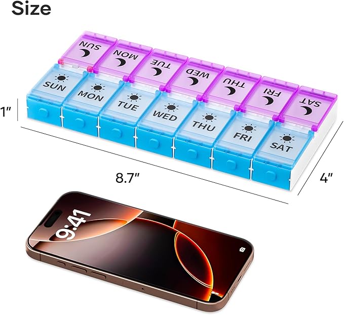 Weekly Pill Organizer 2 Times a Day, Push Button Medicine Pill Organizer, BPA-Free Pill Box Case Container 7 Day AM PM for Vitamins, Fish Oil, Supplements and Medication (Purple & Blue)