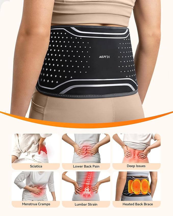 Cordless Heating Pad with Massager for Lower Back Pain Relief, Heated Waist Belt Wrap, Back Brace Lumbar Support with Heat Vibration 3 Levels Adjustable, Touchscreen, Gifts for Dad, Mom