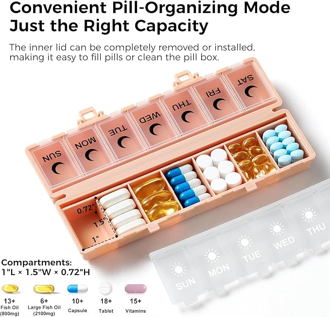 Foldable Pill Organizer Weekly 2 Times a Day, 7 Day Portable AM PM Travel Pill Case with Black&White Labels, Dual-Protection Daily Medicine Box, Large Pill Container for Vitamin/Supplement-Pink