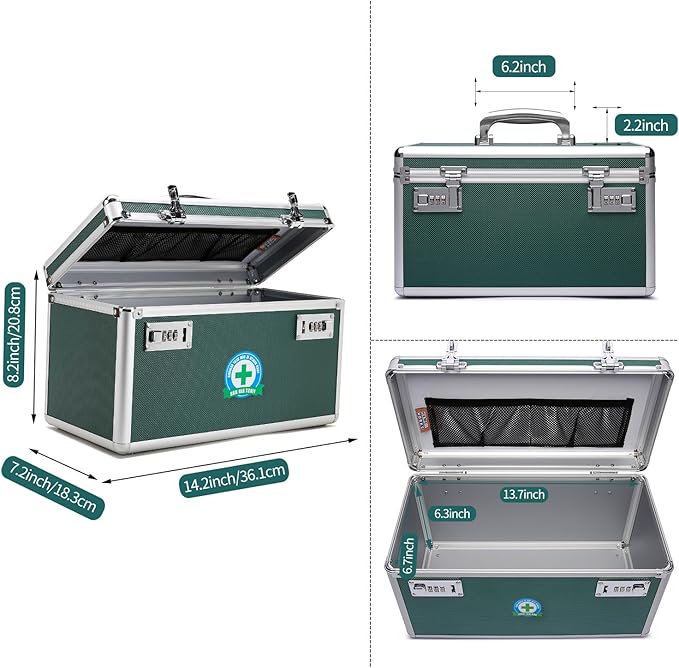 Locking Box with Portable Storage Case, 14.2''x 7.2''x 8.2'', Childproof Medicine Organizer with Combination Lock, Lockbox for Money, Documents & Meds Secure Cash, ID Documents (Green/Large)