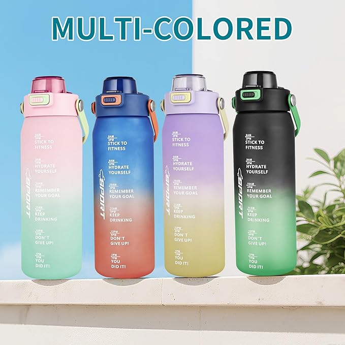 Motivational Water Bottle 32oz with Time Marker- Leakproof & BPA Free Sports Water Bottle with Straw & Carry Strap for Gym, Travel and Outdoor Sports (Pink/Blue Gradient)