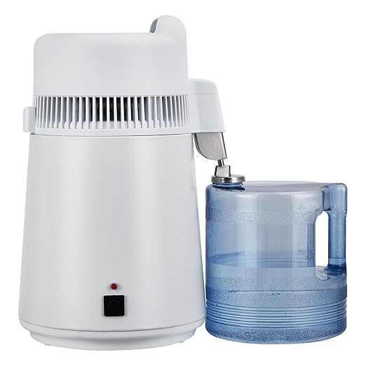4L Countertop Stainless Steel Distilled Water Purifier, Distilled Water Making Machine with Plastic Container, Ideal for Household, Workplace, Lab, and Aquarium Usage-White