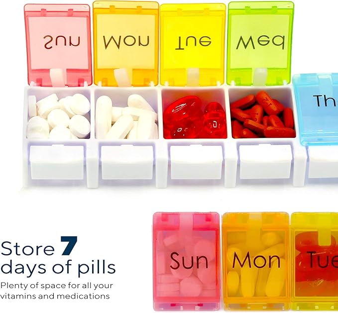 PERFORMORE Portable Weekly 7-Day Pill Organizer, Travel Medicine Box, Rainbow Color, BPA Free with Easy Push Button Design Case Holder for Pills, Vitamin, Supplements and Medicine