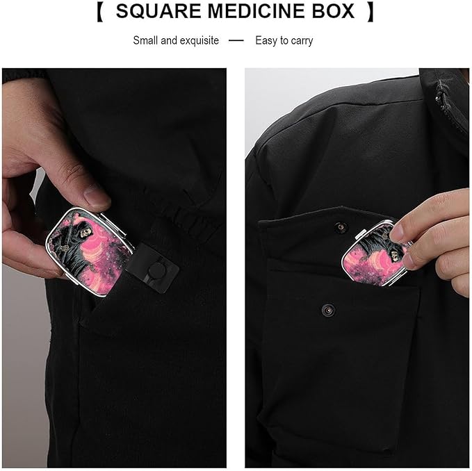 Metal Pill Organizer – 2-Compartment Pocket Pill Box for Vitamins, Supplements, Medications – Compact Travel Case (Grim Reaper in Cosmic Pink)