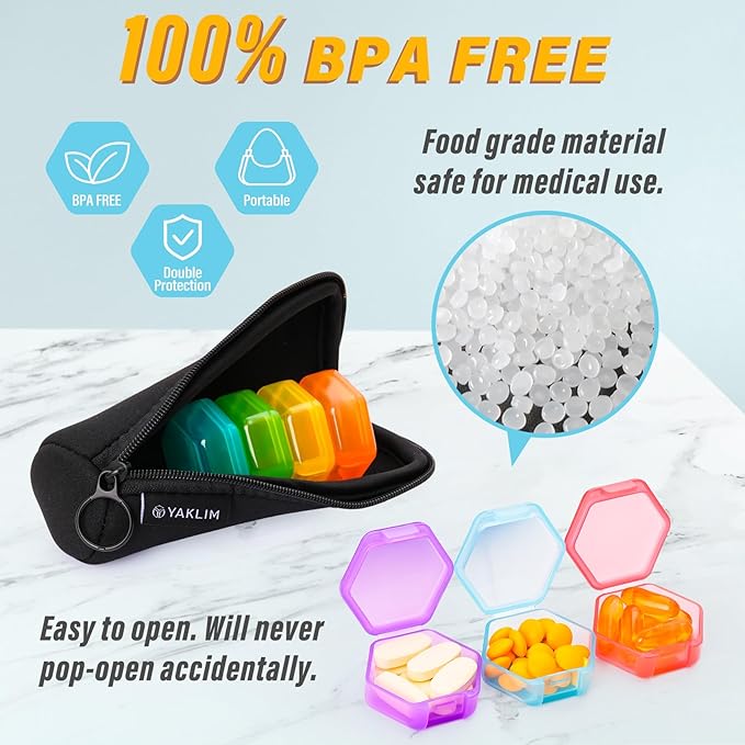 Small Pill Box, 7 Packs Travel Pill Case with Bag, Mini Pill Organizer for Pocket Purse, Daily Portable Medicine Vitamin Box, Fish Oil, Portable Medicine Pill Organizer for Supplements