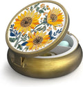 Small Pill Case Pill Box with Mirror Retro 3 Compartment Pill Holder for Purse or Pocket Bronze Portable Medicine Vitamin Container Fish Oil and Supplement Storage BPA-Free(Sunflowers)