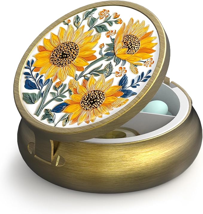 Small Pill Case Pill Box with Mirror Retro 3 Compartment Pill Holder for Purse or Pocket Bronze Portable Medicine Vitamin Container Fish Oil and Supplement Storage BPA-Free(Sunflowers)