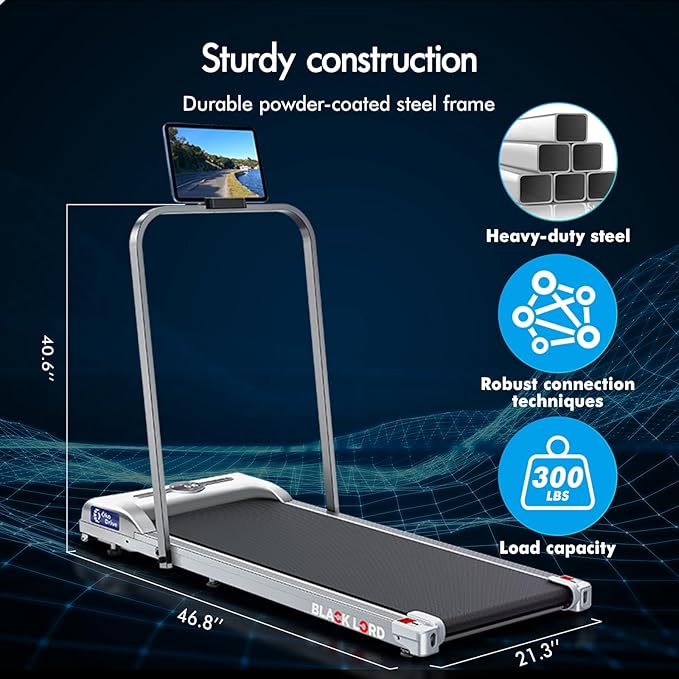 BLACK LORD Walking Pad with Handle Bar, 2.7 HP Quiet Foldable Under Desk Treadmill with Bluetooth Speaker, Portable Running Treadmills for Home, LED Display, App/Remote Control, 330 lbs Capacity