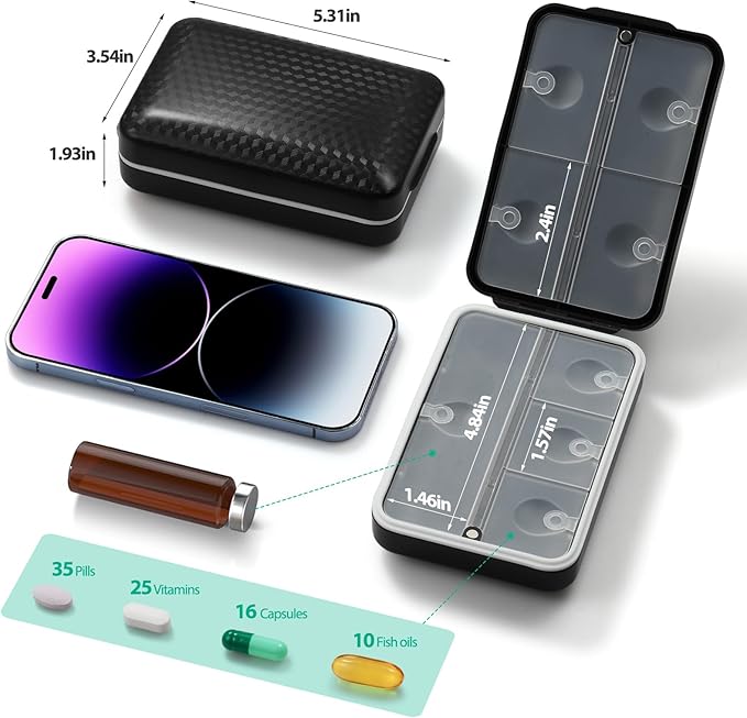 Travel Pill Organizer, Pill Organizer Travel with Labels and Storage Bag, 8 GRIDS Large Travel Pill Box, Moisture-Proof Airtight Daily Pill Case for Vitamin, Medicine, Fish Oil/Supplements, Black