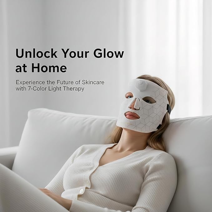 JVV Red Light Therapy for Face, 7 Colors LED Facial Skin Care Mask, 10-Minute Auto Off, Wearable for Home Use, White