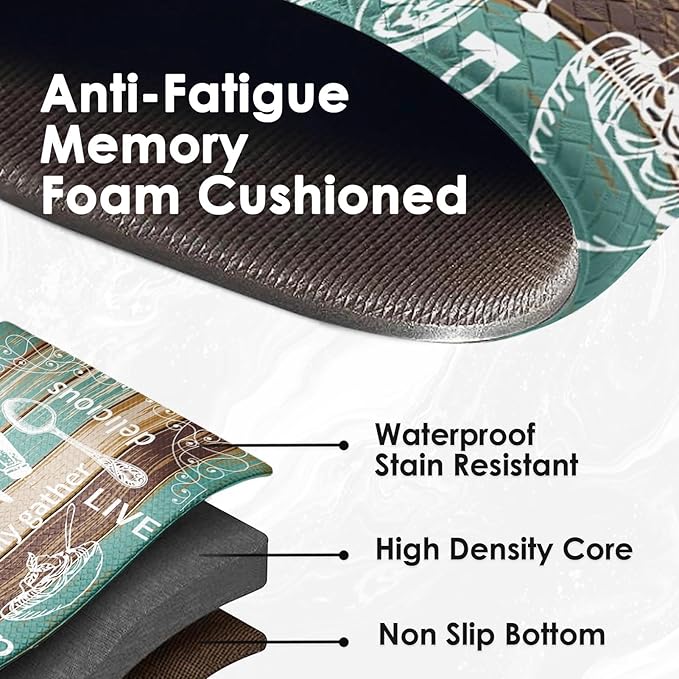 Arttown Farmhouse Teal Anti-Fatigue Kitchen Rug Set of 2 Wood Brown Black Vintage Cushioned Floor Standing Mat Waterproof Non-Slip Kitchen Mat and PVC Ergonomic Comfort Foam Rug