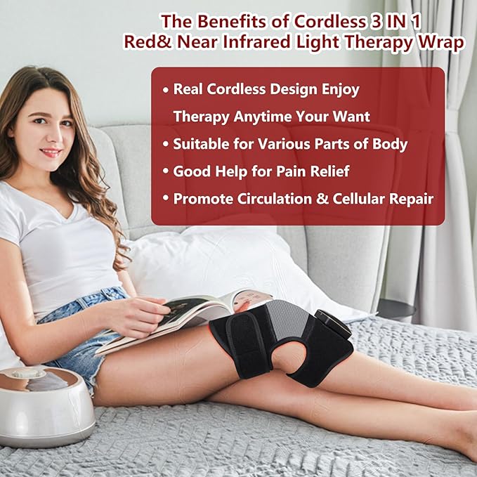 Cordless Red Light Therapy for Knee, Near Infrared Light Therapy Device Pulsing for Body Elbow Shoulder Arm Joint Pain Relief Muscle Relax, Portable for Home Office Business Trip Use