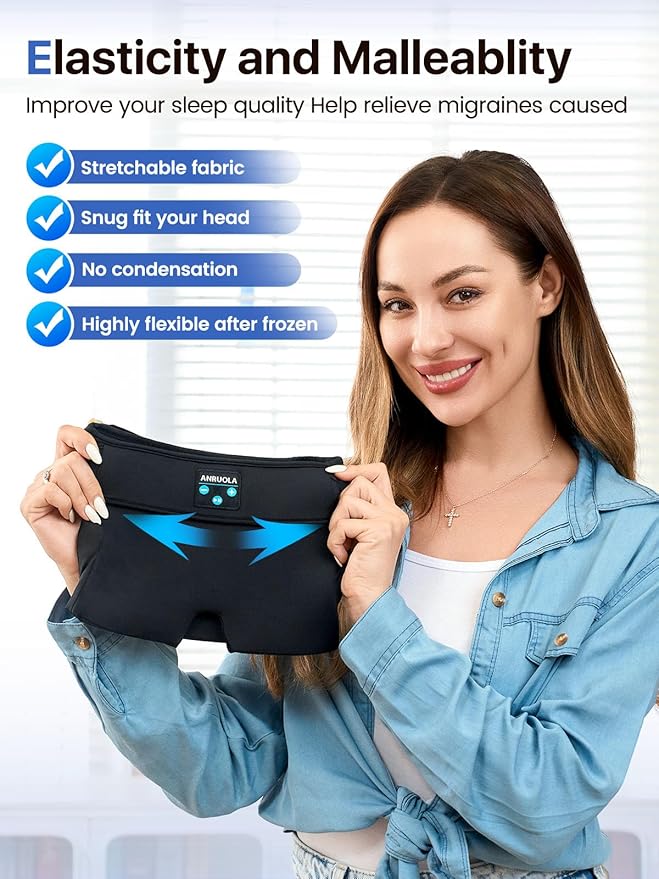 Wireless Migraine Relief Cap with Bluetooth Headphones, Sleep Headphones Ice Pack, Headache Relief Cap, Soothing Headache Ice Pack Sleep Mask, Face Cold Compress Head Wrap for Tension, Stress & Sleep