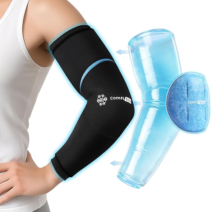 ComfiTECH Dual-Gel Full Arm Ice Pack Wrap with Extended 30-Min Cooling for Elbow, Detachable Cold Pack & Flexible Gel Ice Sleeve for Volleyball, Tennis Recovery, Muscle Relaxation, Medium