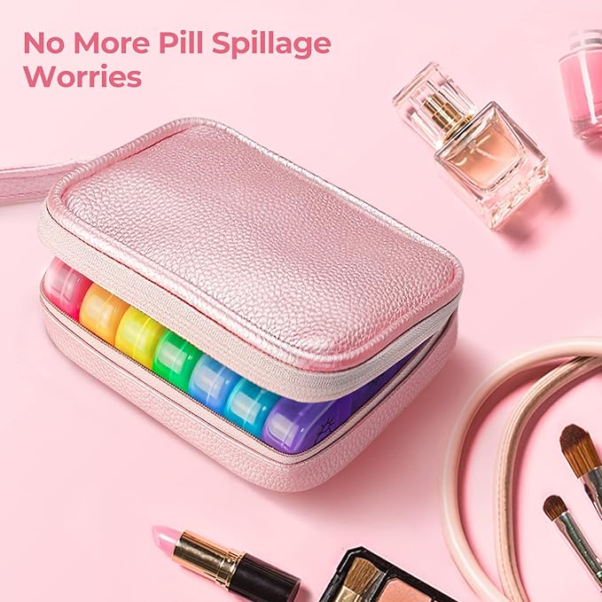 Cute Pill Organizer 3 Times a Day, Large Daily Pill Case for Women, Portable Pill Box 7 Day for Purse with Bag & Zipper to Hold Vitamins, Medications, Fish Oils, Supplements (Pink)