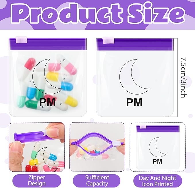 70 Pcs Pill Pouch Bags Zippered Reusable Medicine Pouches Travel Plastic Pill Bags Self Sealing Medicine Organizer with Slide Lock for Medication, Vitamins, Jewelry, Daily Small Items(Moon and Sun)