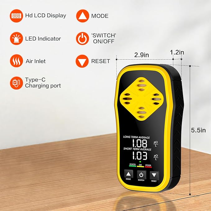 Digital Radon Detector - HD LCD Desktop Monitor with 10-Year Sensor, 2-3 Year Battery (6H Charge), Real-Time pCi/L Readings for Home & Office Safety
