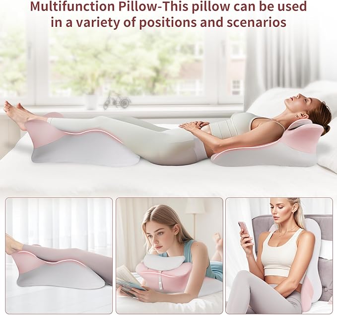 Adult Memory Foam Ergonomic Wedge Prone Pillow, Bed Pillow for Sitting Up, Back, Neck, and Leg Pain Relief, Anti Snoring, Ideal for Massage, Reading, Sleeping, with Removable Washable Cover, Pink