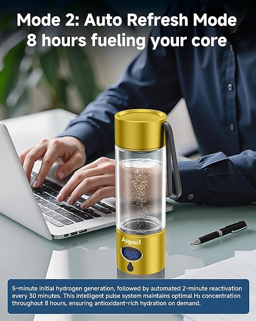 Hydrogen Water Bottle - 5000 PPB in 8 Minutes, Cyclic Mode for 8 Hours, Self Clean, Aluminum & Glass, for Travel Sports Office Home, Gift for Father Mom Family Friends Clients(Gold, 12Oz)