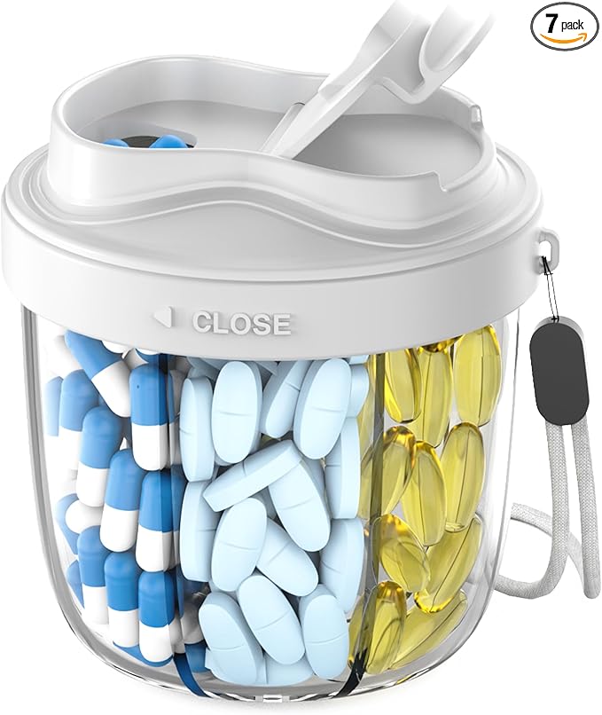 Cute Pill Organizer,Pill Dispenser with 7 Large Compartments,Portable Pill Bottle Box with Wide Opening for Easy Use, Anti-Mix Pills Organizer for Travel,Includes 20 Pcs Sticky Labels(Gray)