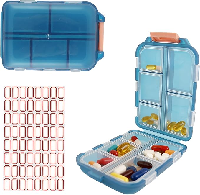 2Pack Travel Pill Organizer - 10 Compartments Pill Case with 64 Stickers, Pill Organizer 2 Times A Day, 10 Days Portable Compartments for Vitamins, Fish Oils, Supplements(Green)