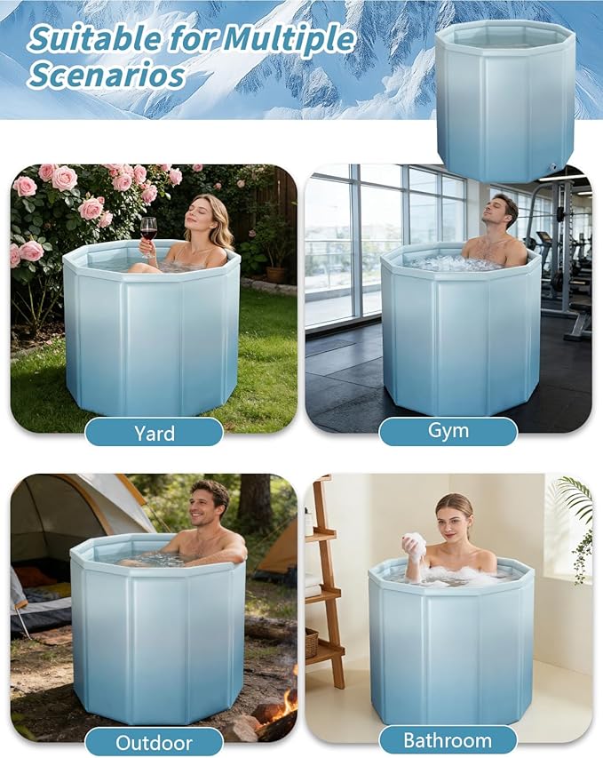 Portable Bathtub for Adults, Collapsible Freestanding Bathtub for Shower, Hot Ice Bath Tubs with Thickened Thermal Foam to Keep Temperature, PVC Outdoor Soaking Tub (Gradient Blue)