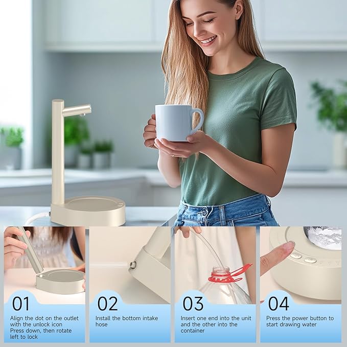Water Dispenser for 5 Gallon Bottle – Desktop Electric Water Pump with USB-C Fast Charging, Portable 5 Gallon Water Jug Dispenser for Home, Office, Bedside & Countertop(Beige)