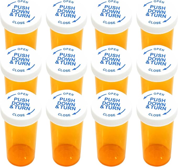Pill Bottles with Child Resistant Cap, Prescription Vials - Push Down and Turn - Empty Medicine Plastic Containers Safety Cover for Personal Medication & Pharmacy (30dram, Amber, 12pcs)