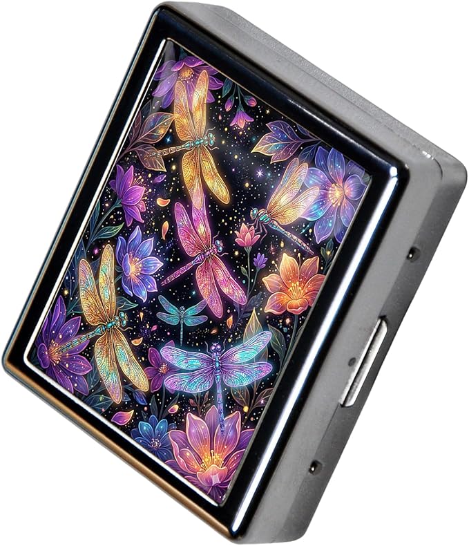 Metal 7 Day Pill Organizer, Cute Small Weekly Pill Case with 8 Compartments for Travel, Moisture-Proof Medicine Holder for Purse, Compact Daily Vitamin Box (Glow Dragonflies)