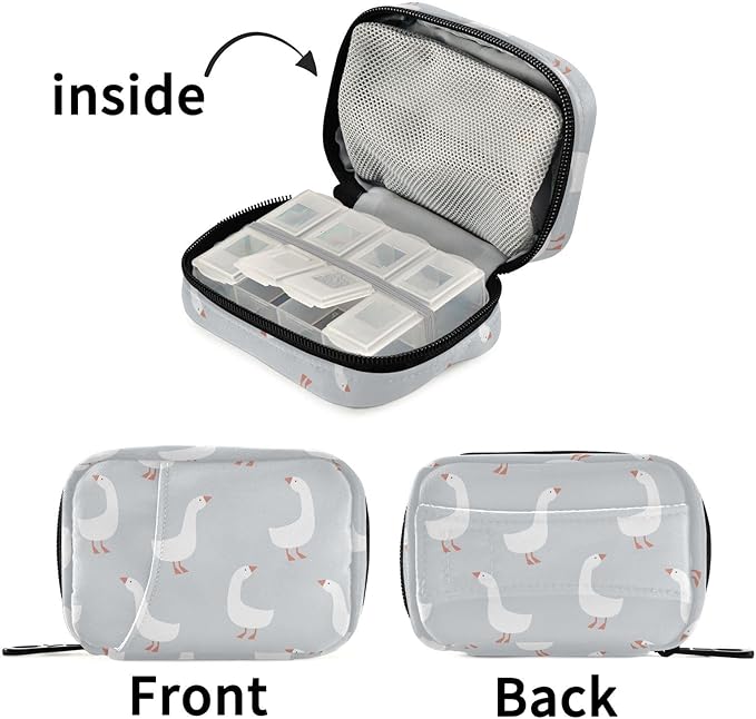 Fustylead Hand Drawn Cute Cartoon Goose Pill Organizer Travel Portable Zipper Cloth Bag for Holding Weekly Supplements Vitamins and Fish Oils