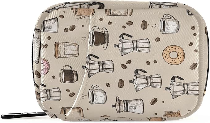 Beige Donut Coffee Cups and Moka Pots Travel Pill Organizer Case Box Container Weekly Portable Vitamin Medicine Holder Storage Bag with Zipper Removable