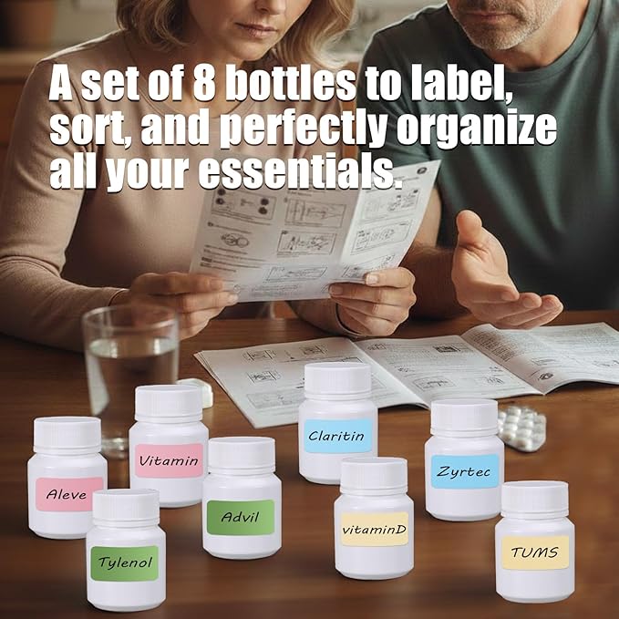 8 Pack Small Empty Plastic Bottles for Pills - Travel Medicine Containers with Lids & Labels, Portable Daily Organizer Storage for Vitamins, Medication Essentials