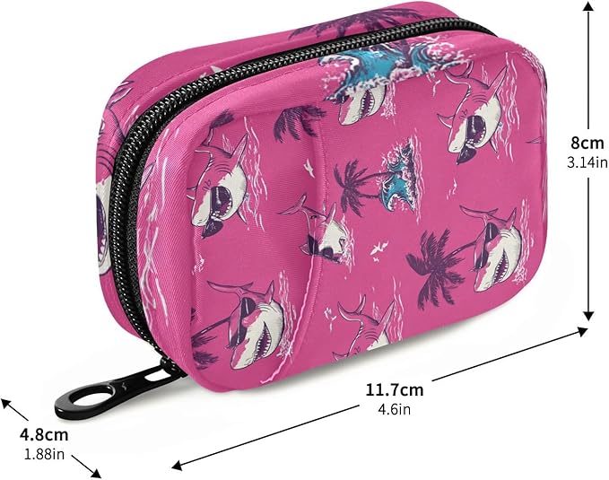 Pink Island Sharks Palm Trees Waves Travel Pill Organizer Case Box Container Weekly Portable Vitamin Medicine Holder Storage Bag with Zipper Removable