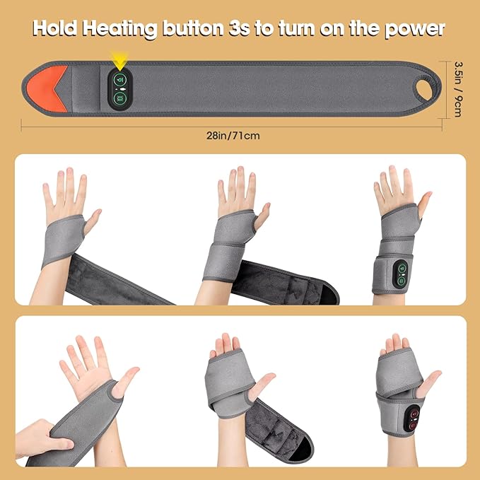 Cordless Wrist Heating Pad Wrap for Arthritis and Carpal Tunnel, Rechargeable Heated Wrap Pad Wrist Massager for Hand Pain Relief, Red Light Heated Therapy Brace for Wrist to Woman Man and Elder, Gray