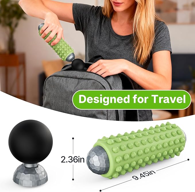 Mini Electric Massage Roller 4 Speeds Vibrating Massage Ball, 2-in-1 Portable Muscle Massager Gun & Roller for Muscle Relief, Detachable Heads, Rechargeable, For Fitness, Office, Travel (Green)